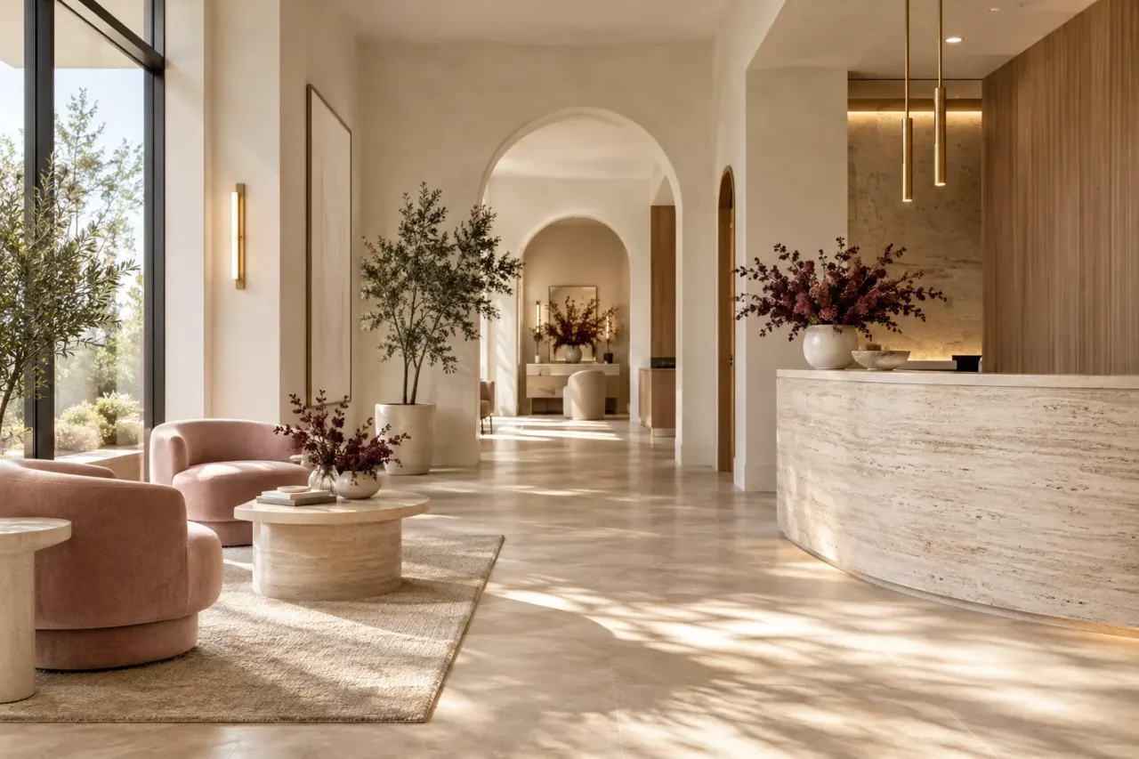 Illustrative medspa reception with travertine, soft pink seating and natural light.